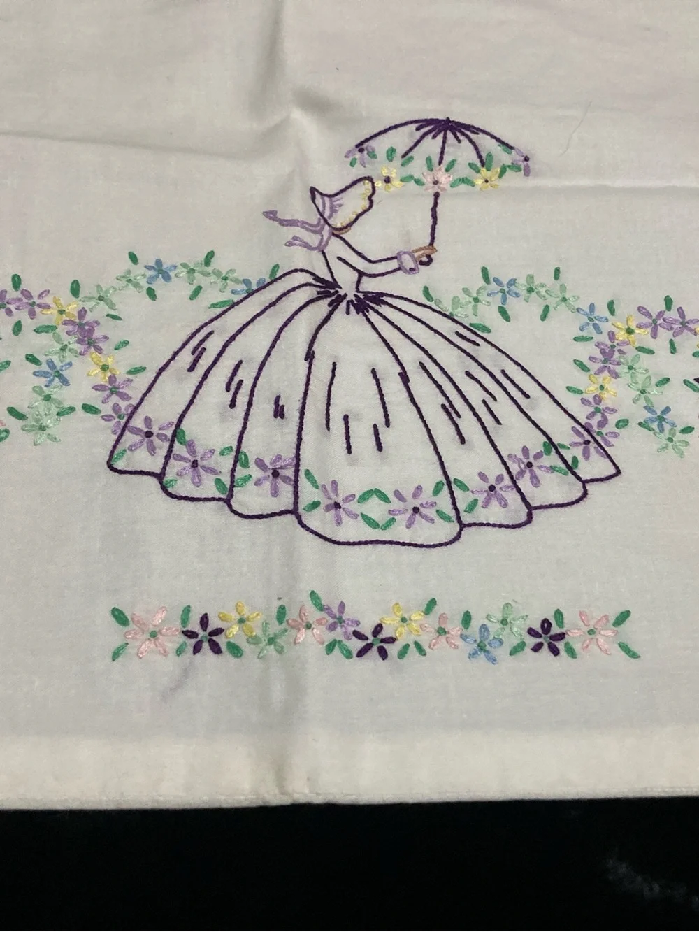 Vintage  Pillowcase w Embroidered Lady and Floral Details Southern Bell 21x17”